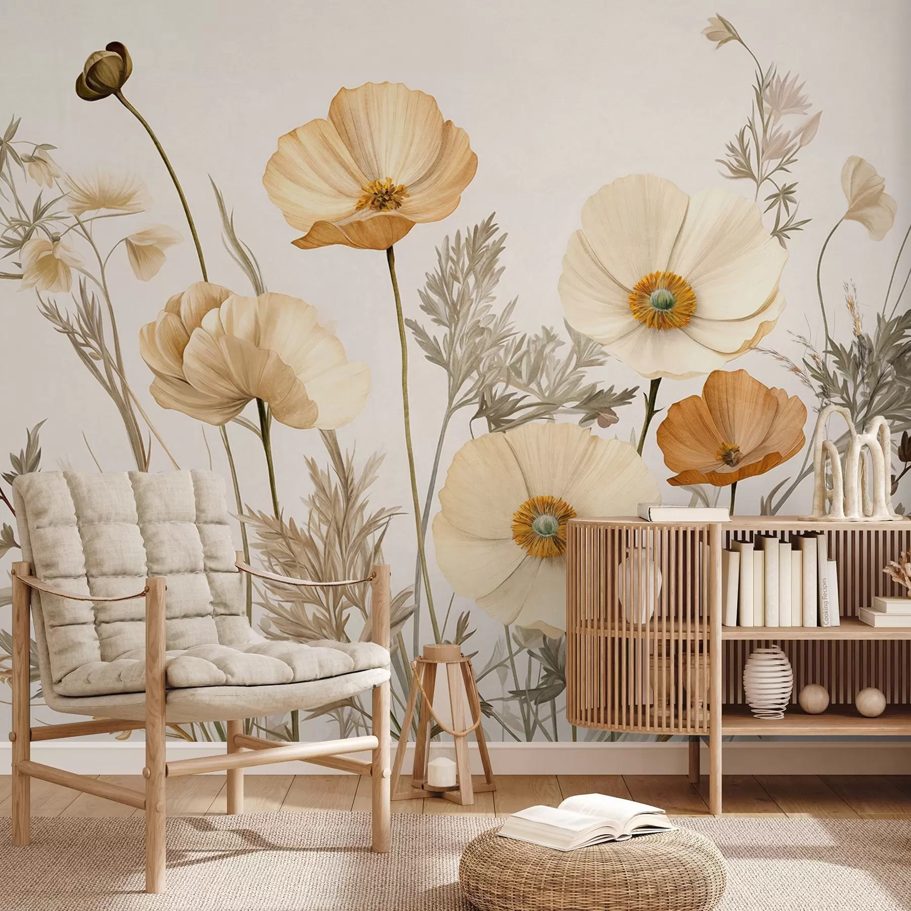 wall murals Orange and white vintage textured poppies with thin stems and leaves, light beige background, watercolor style w09293