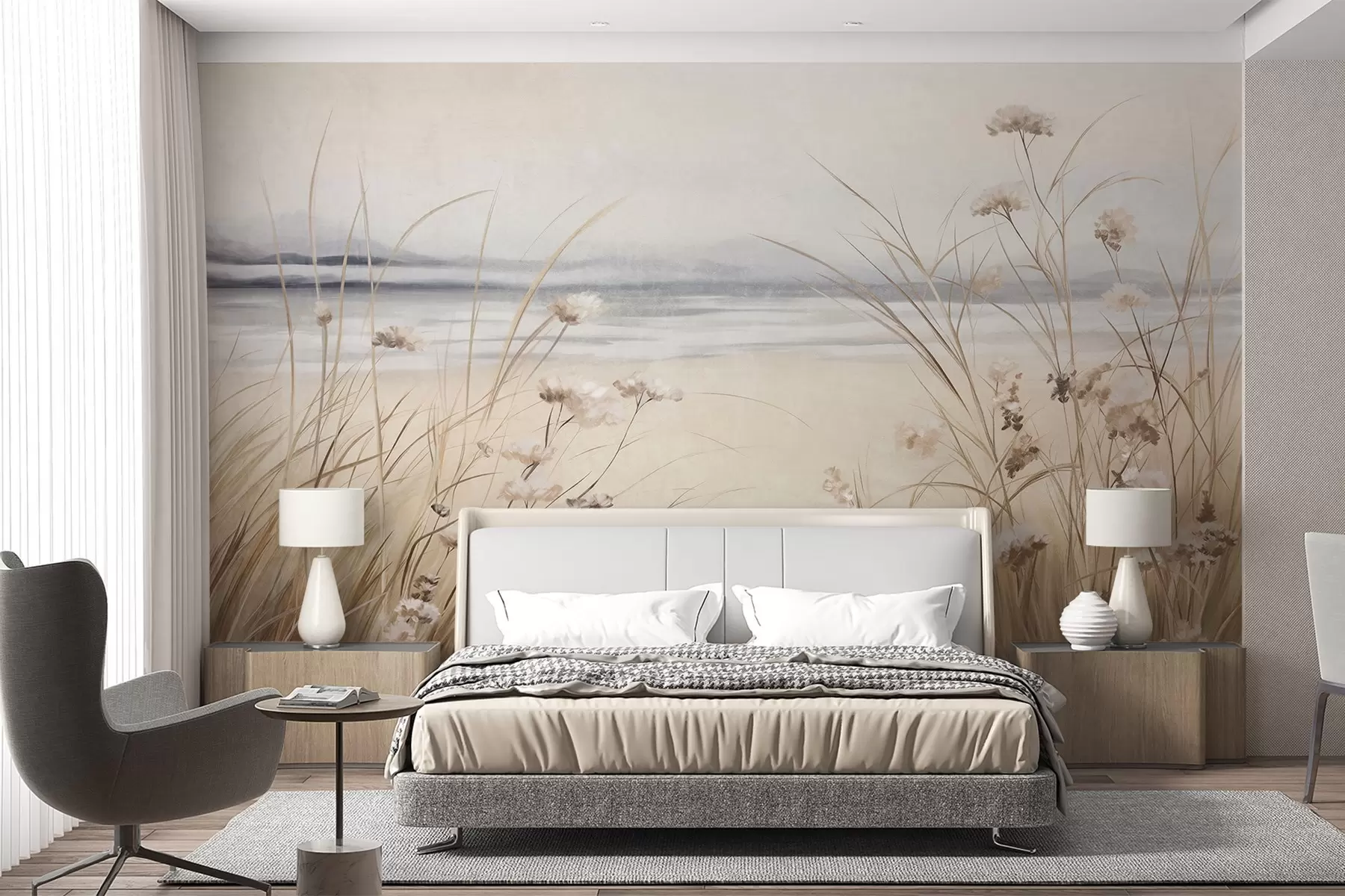 wall murals A field of wheat with white flowers in the foreground, a beach and the ocean in the background, neutral pastel muted colors w09298