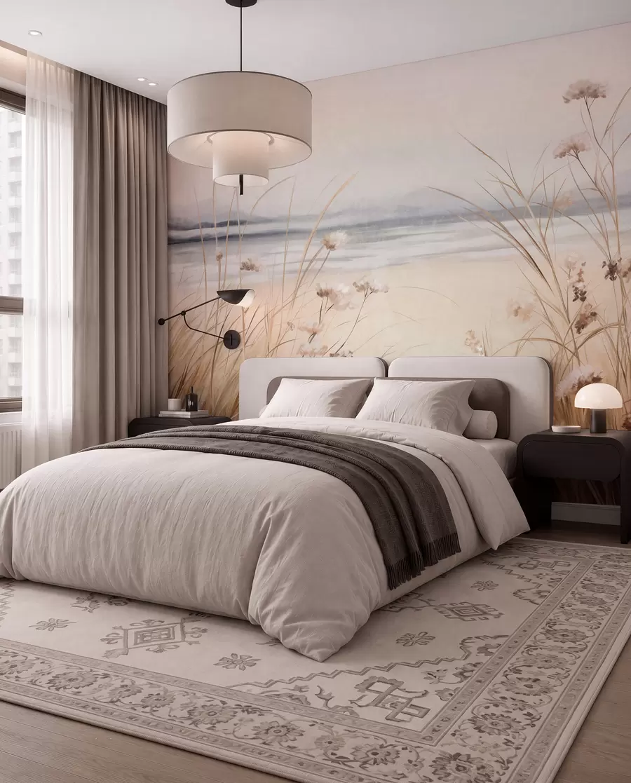 wall murals A field of wheat with white flowers in the foreground, a beach and the ocean in the background, neutral pastel muted colors w09298