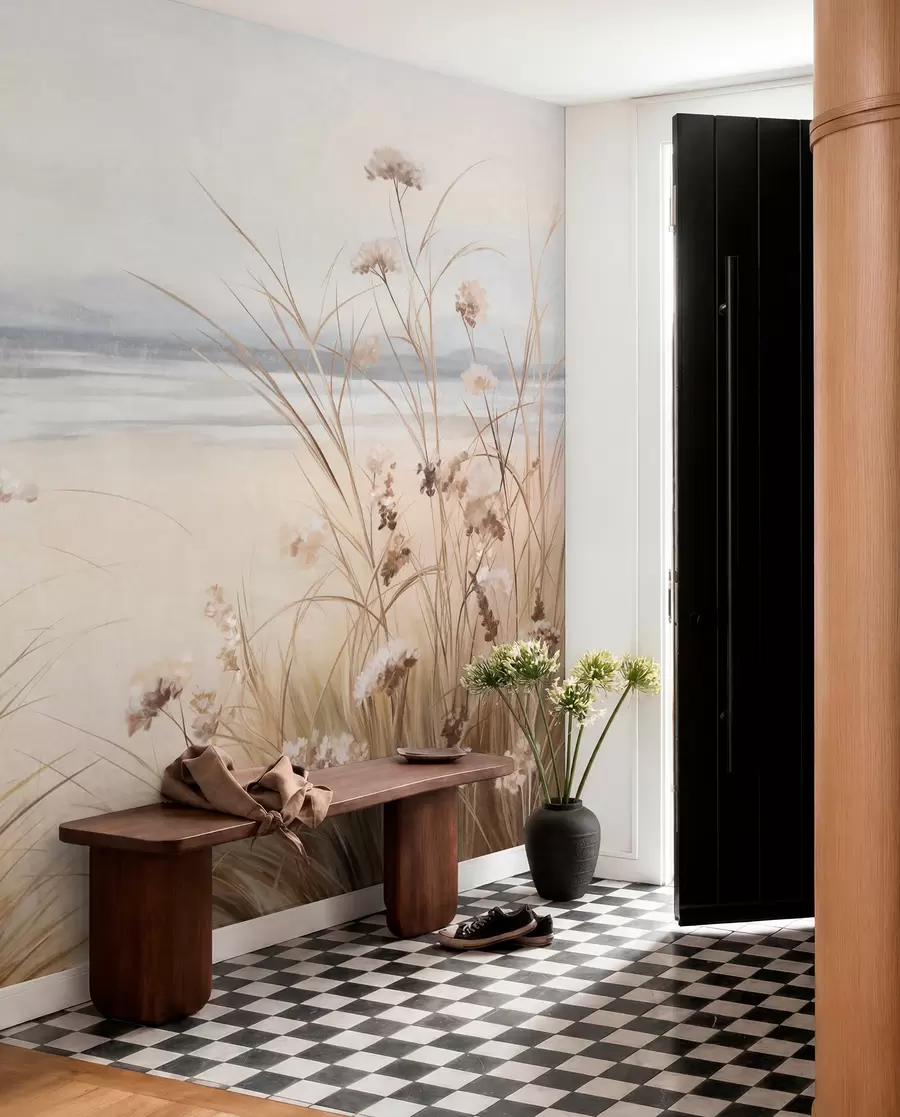 wall murals A field of wheat with white flowers in the foreground, a beach and the ocean in the background, neutral pastel muted colors w09298