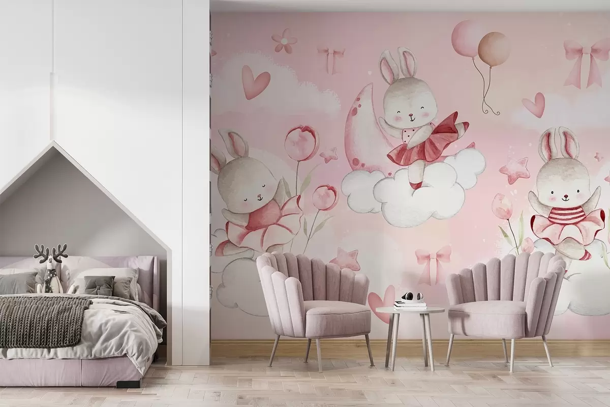 wall murals Rabbits in pink ballet dresses on clouds w04333