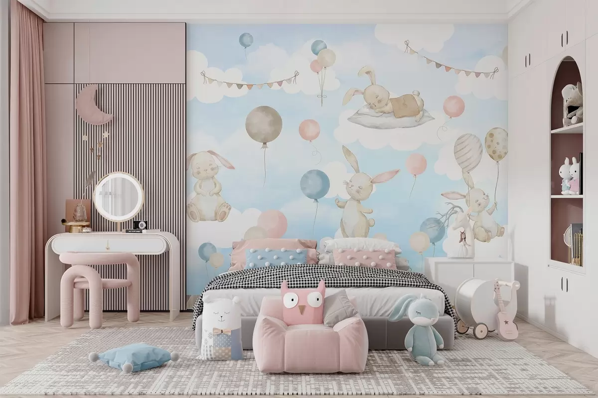 wall murals Rabbits with balloons on clouds w04337