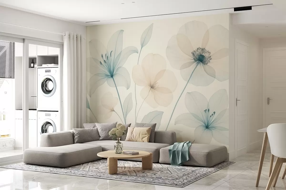 wall murals Delicate flowers in pastel blue and cream watercolor style w09287