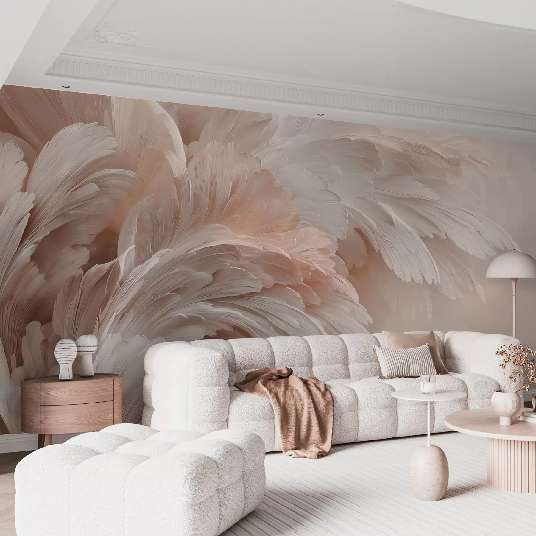 wall murals Airy feathers and petals in creamy pink shades w09301