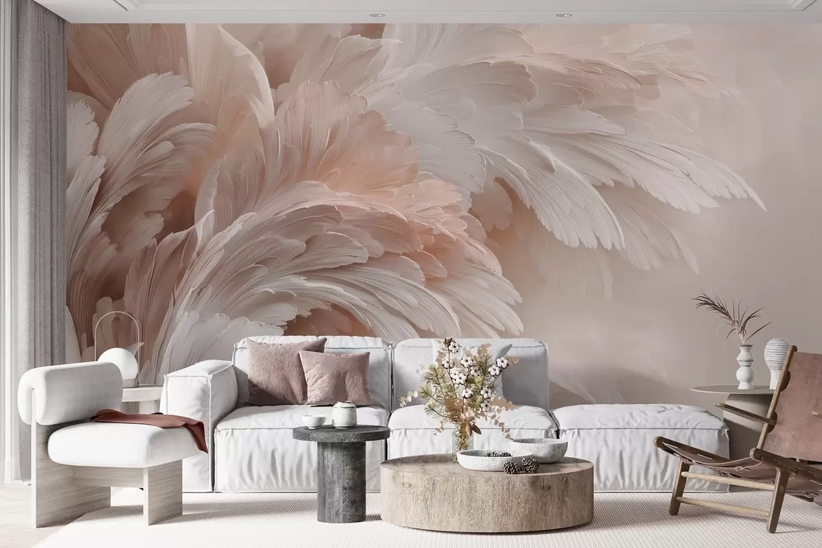 wall murals Airy feathers and petals in creamy pink shades w09301