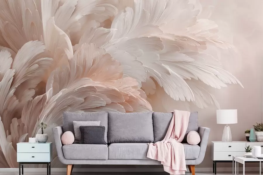 wall murals Airy feathers and petals in creamy pink shades w09301
