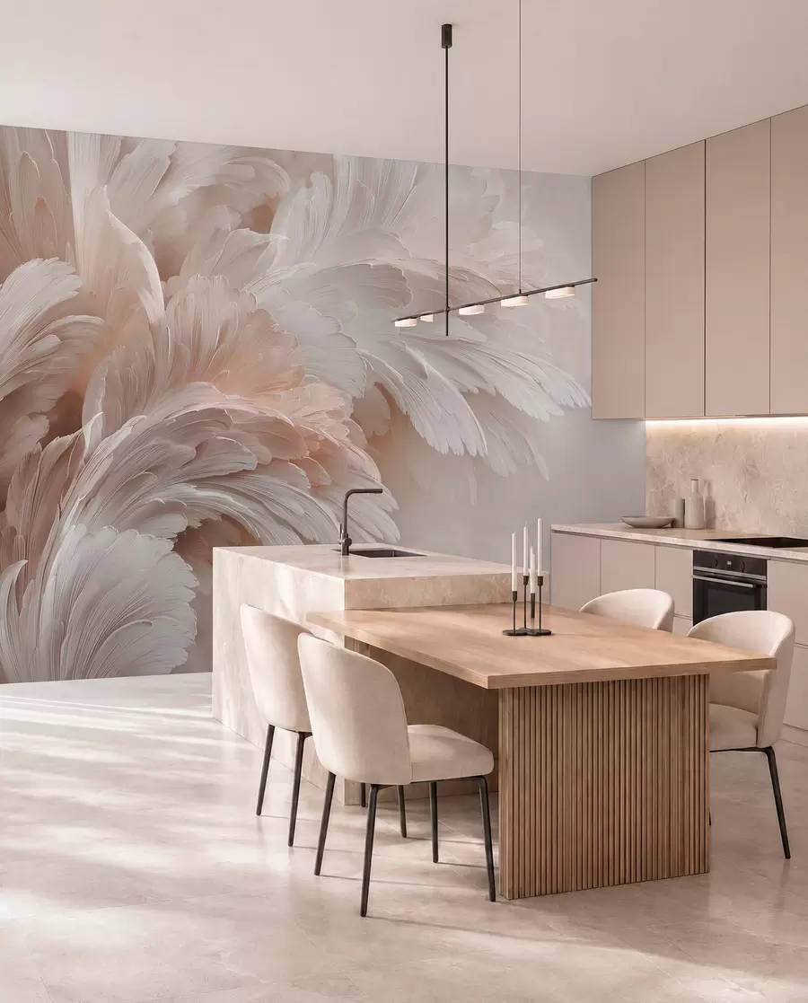 wall murals Airy feathers and petals in creamy pink shades w09301