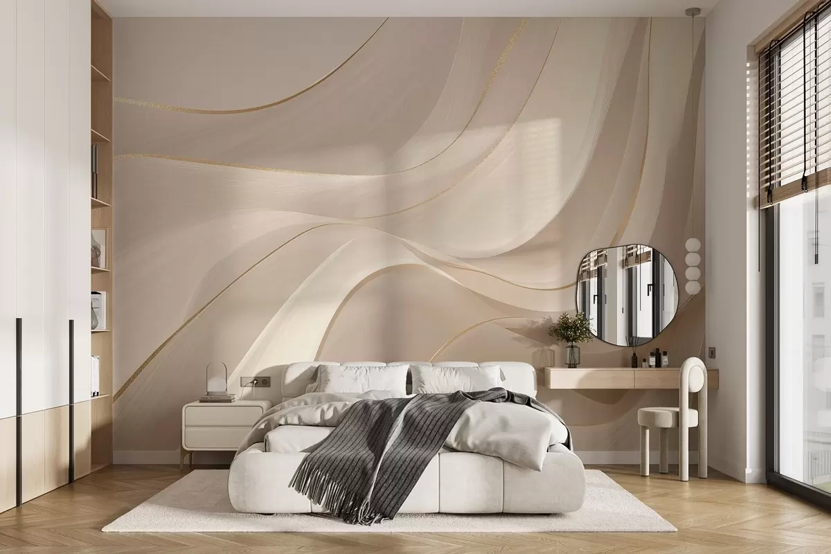 wall murals Flowing waves with yellow accents in creamy light w09303
