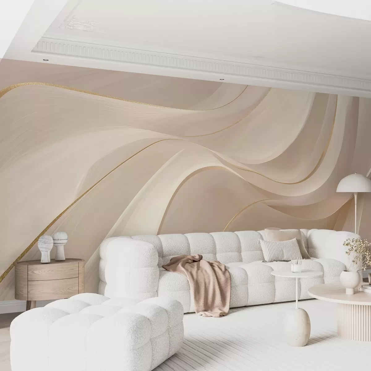 wall murals Flowing waves with yellow accents in creamy light w09303