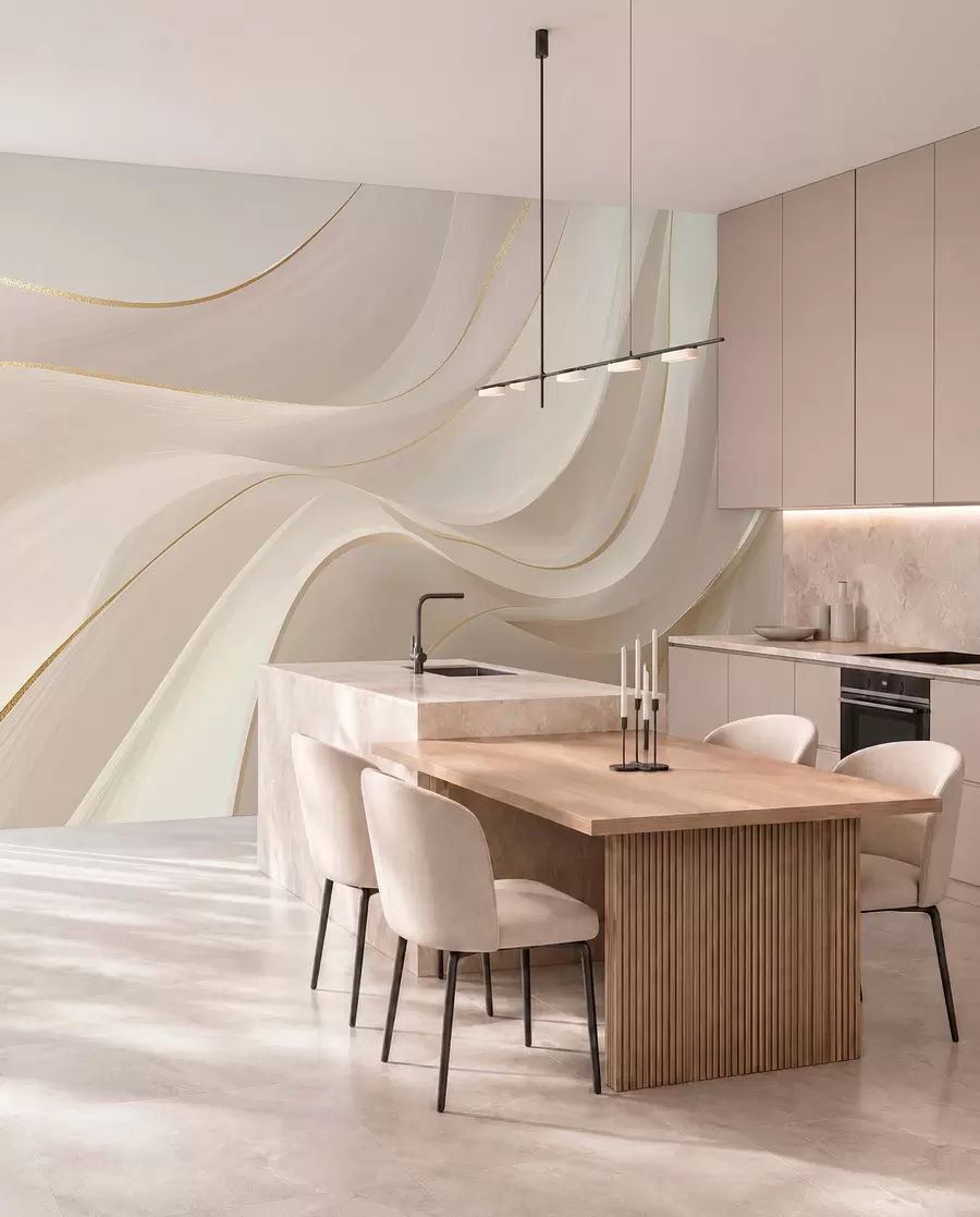 wall murals Flowing waves with yellow accents in creamy light w09303