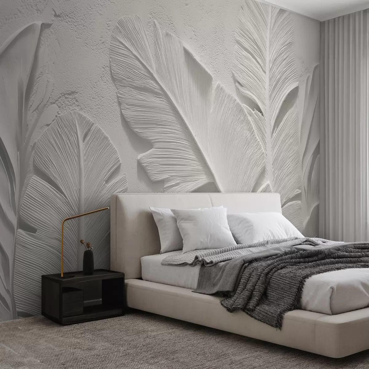 wall murals Textured grey leaves on a background with faux plaster relief w09307