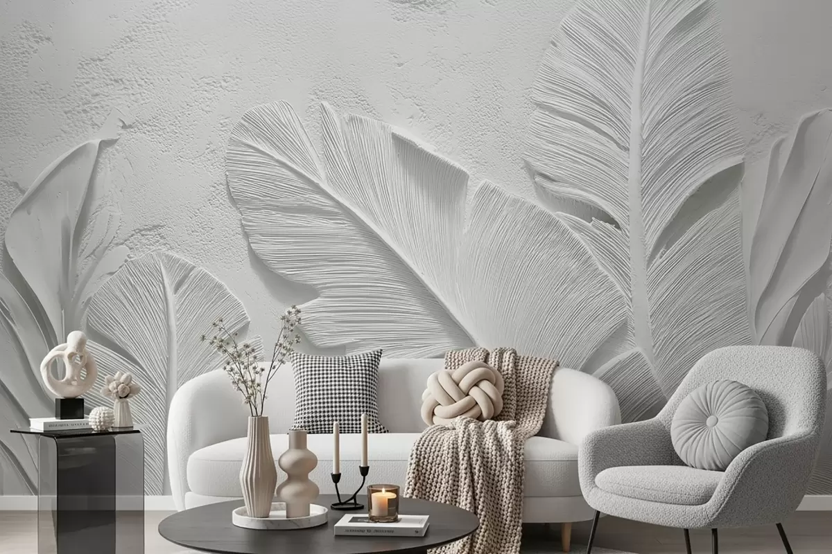 wall murals Textured grey leaves on a background with faux plaster relief w09307