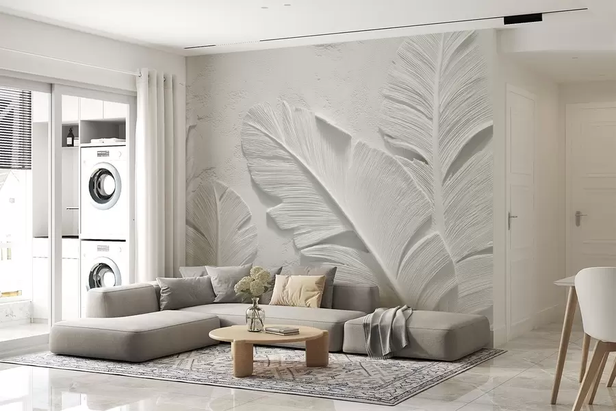 wall murals Textured grey leaves on a background with faux plaster relief w09307