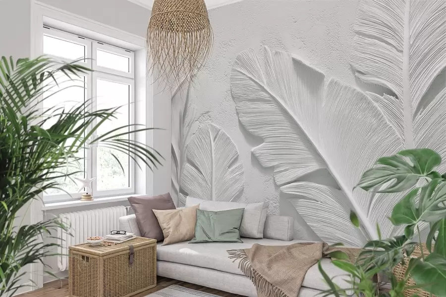 wall murals Textured grey leaves on a background with faux plaster relief w09307