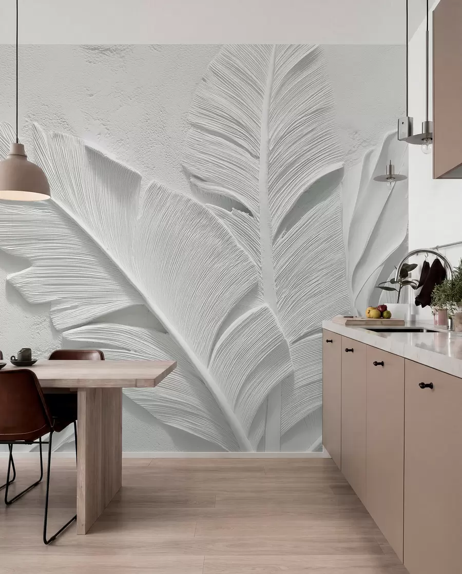 wall murals Textured grey leaves on a background with faux plaster relief w09307