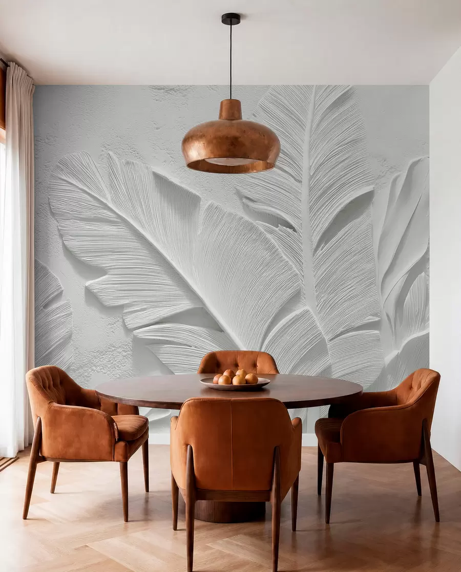 wall murals Textured grey leaves on a background with faux plaster relief w09307