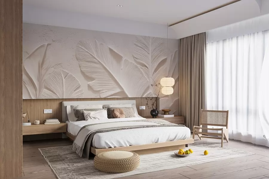 wall murals Relief leaves in warm beige-sand tones w09307v1