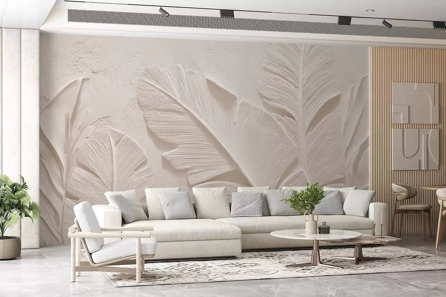 wall murals Relief leaves in warm beige-sand tones w09307v1