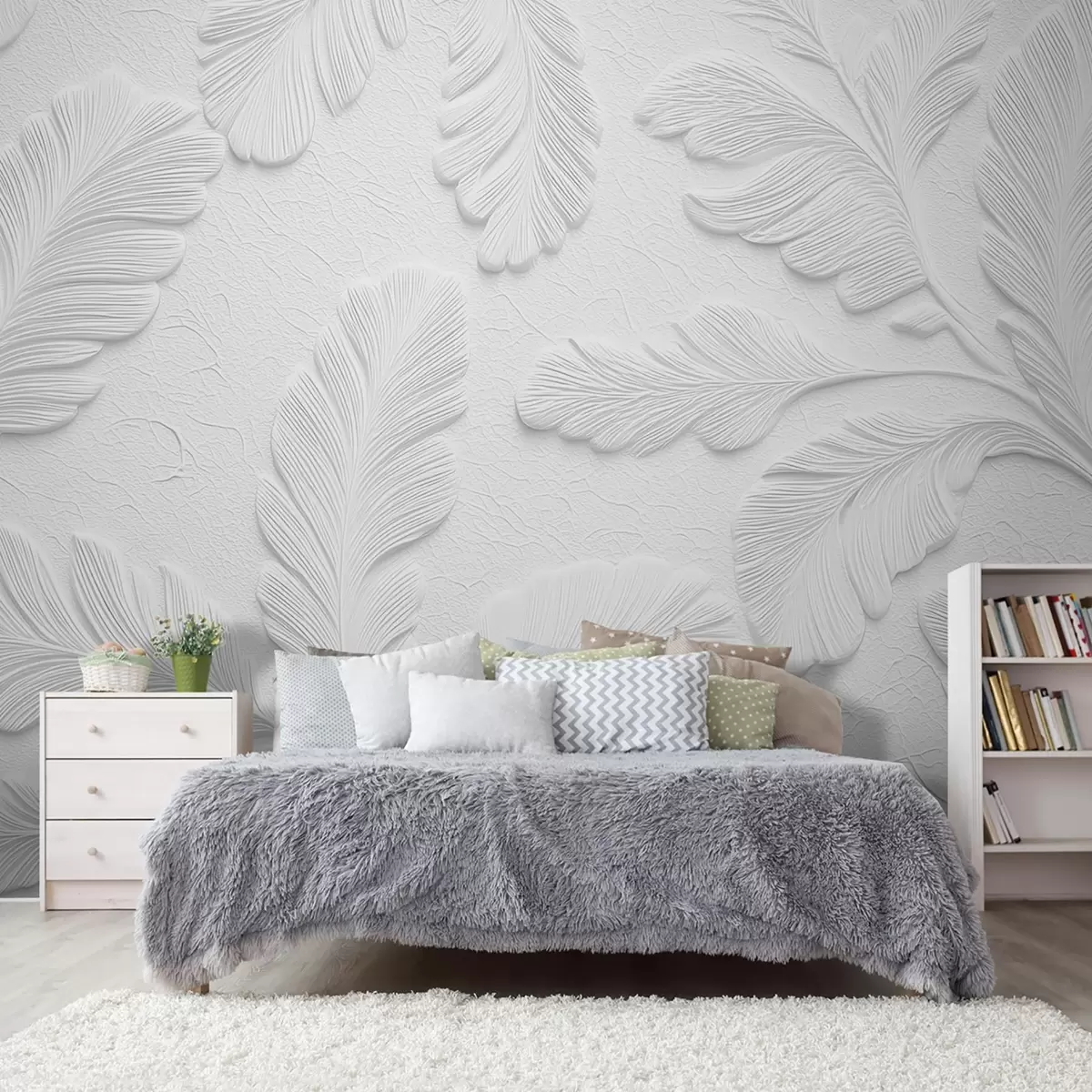 wall murals Relief leaves in grey with a cracked texture effect w09309v1