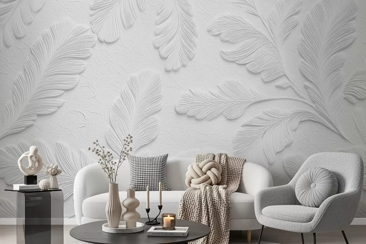 wall murals Relief leaves in grey with a cracked texture effect w09309v1