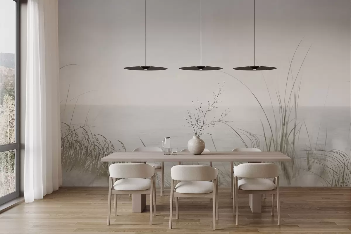 wall murals Misty shore with delicate grasses in the foreground w04339