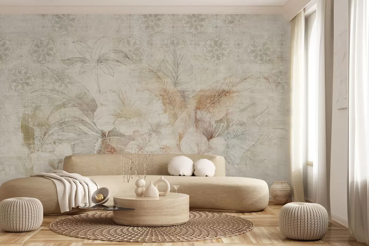 wall murals Flowers and leaves on textured background with ornaments w04343