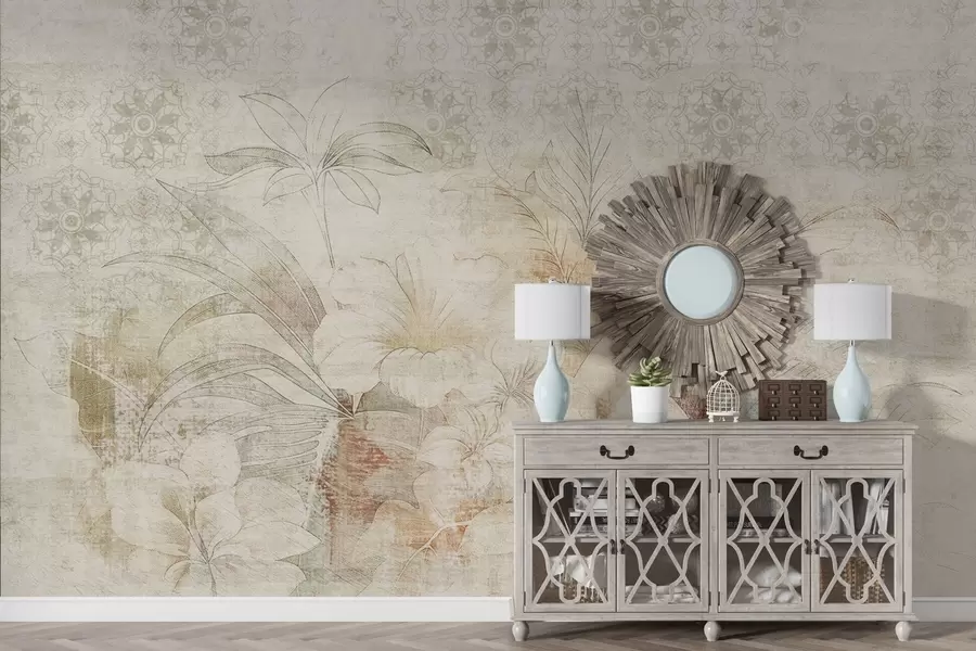 wall murals Flowers and leaves on textured background with ornaments w04343