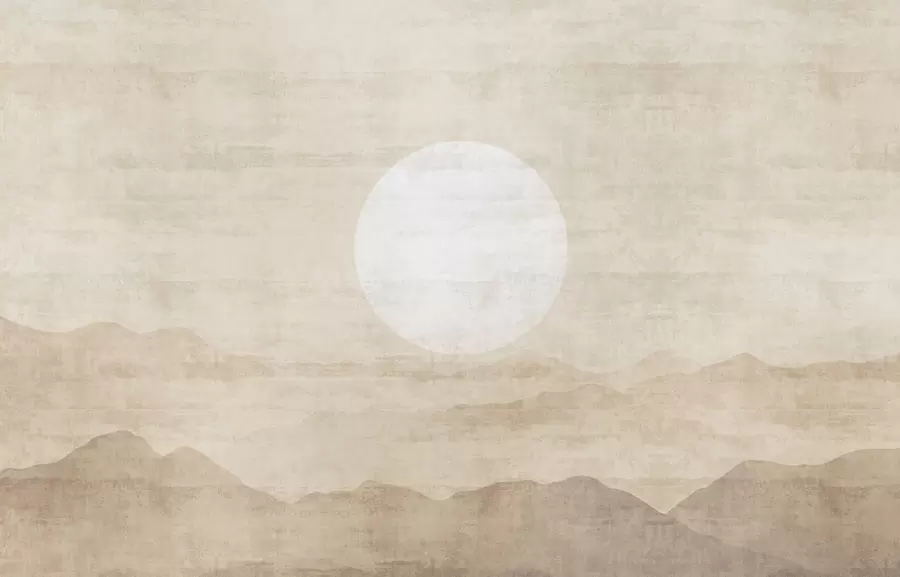 wall murals Minimalist mountain landscape with large white sun w04345