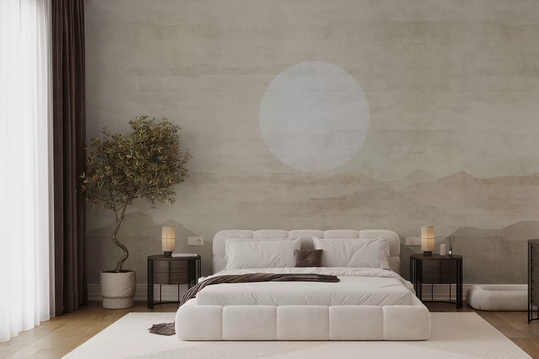 wall murals Minimalist mountain landscape with large white sun w04345