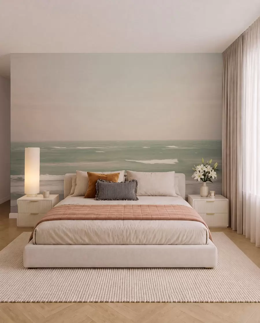 wall murals Soft pink-green seascape with gentle waves w04348