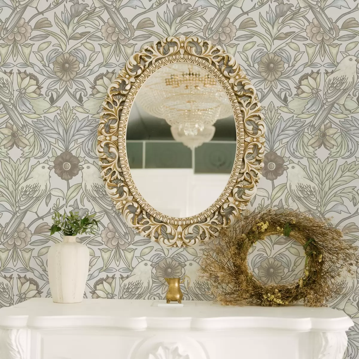 Wallpaper Art Nouveau birds and pastel stylized flowers a00385