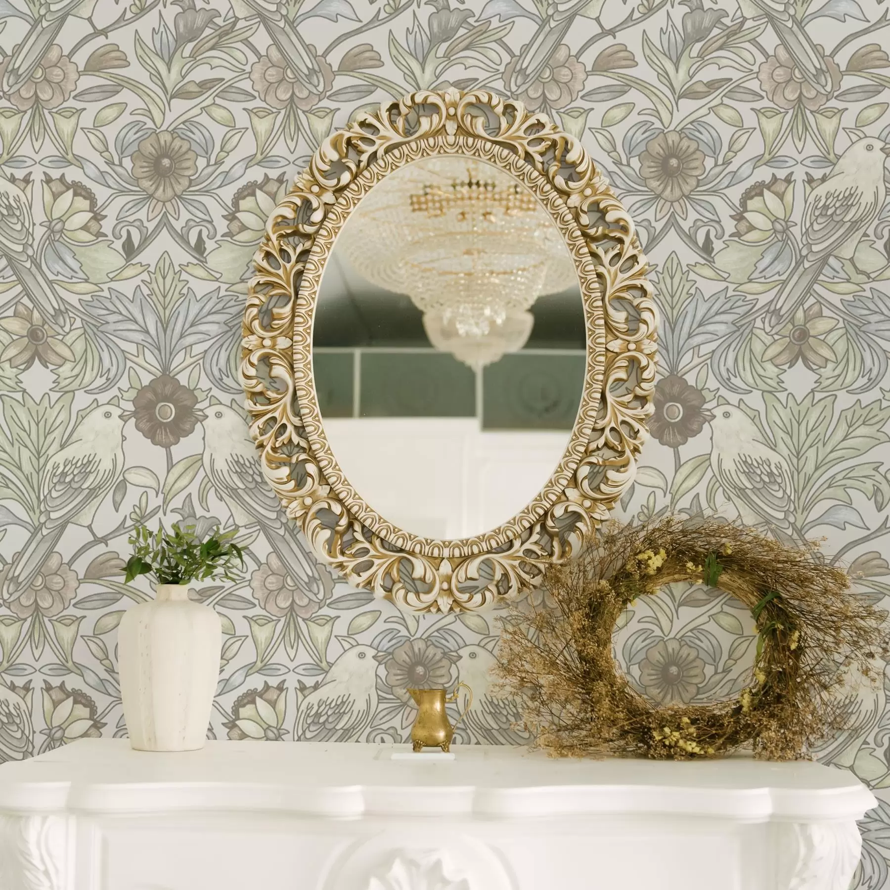 wall murals Art Nouveau birds and pastel stylized flowers a00385