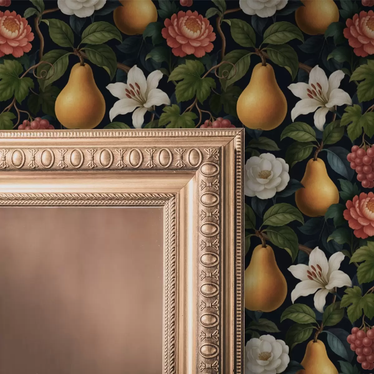 Wallpaper Baroque fruits and flowers on a dramatic dark background a00387