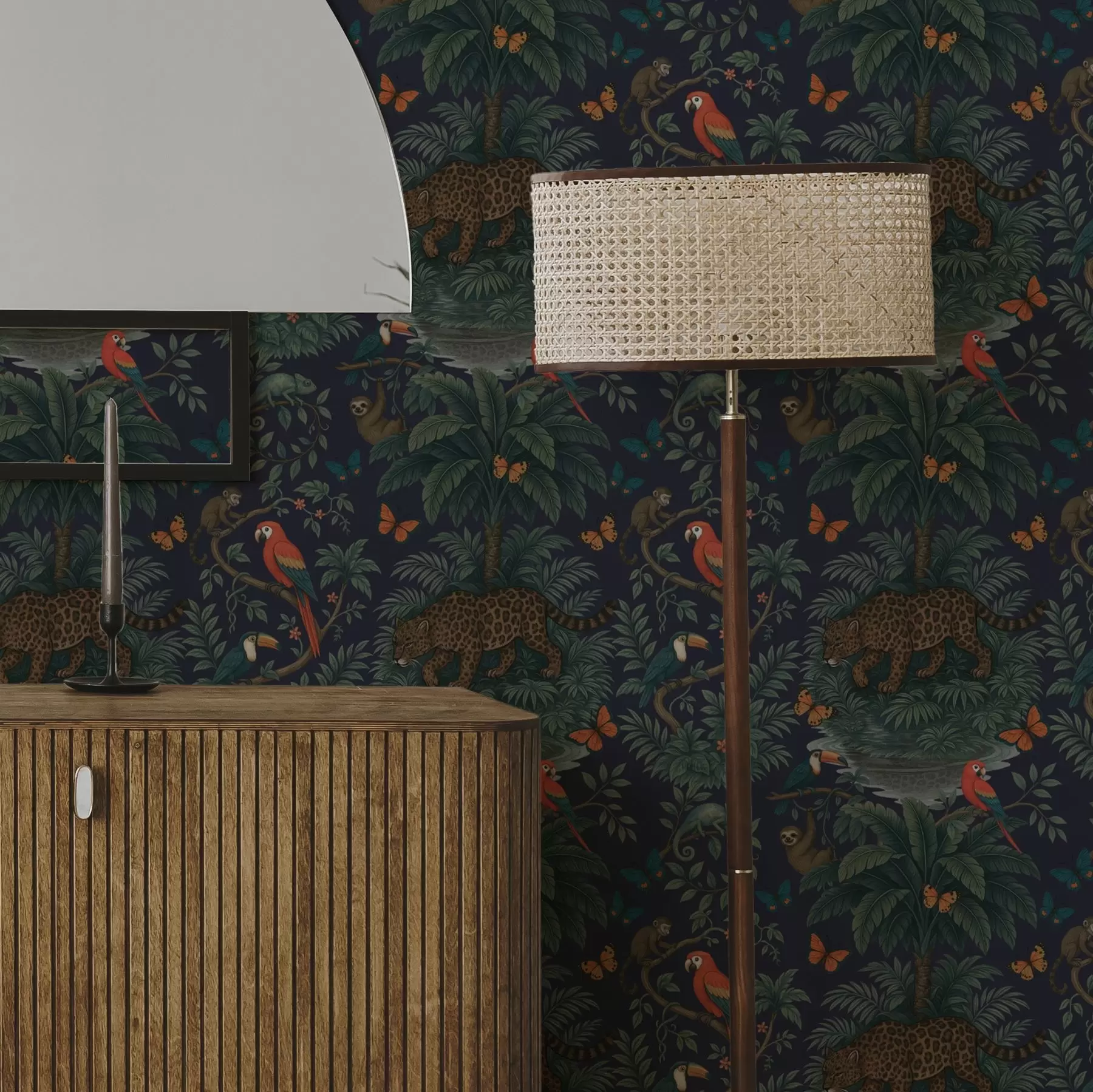 wall murals Tropical jungle with leopard, leopard, parrots and butterflies a00388