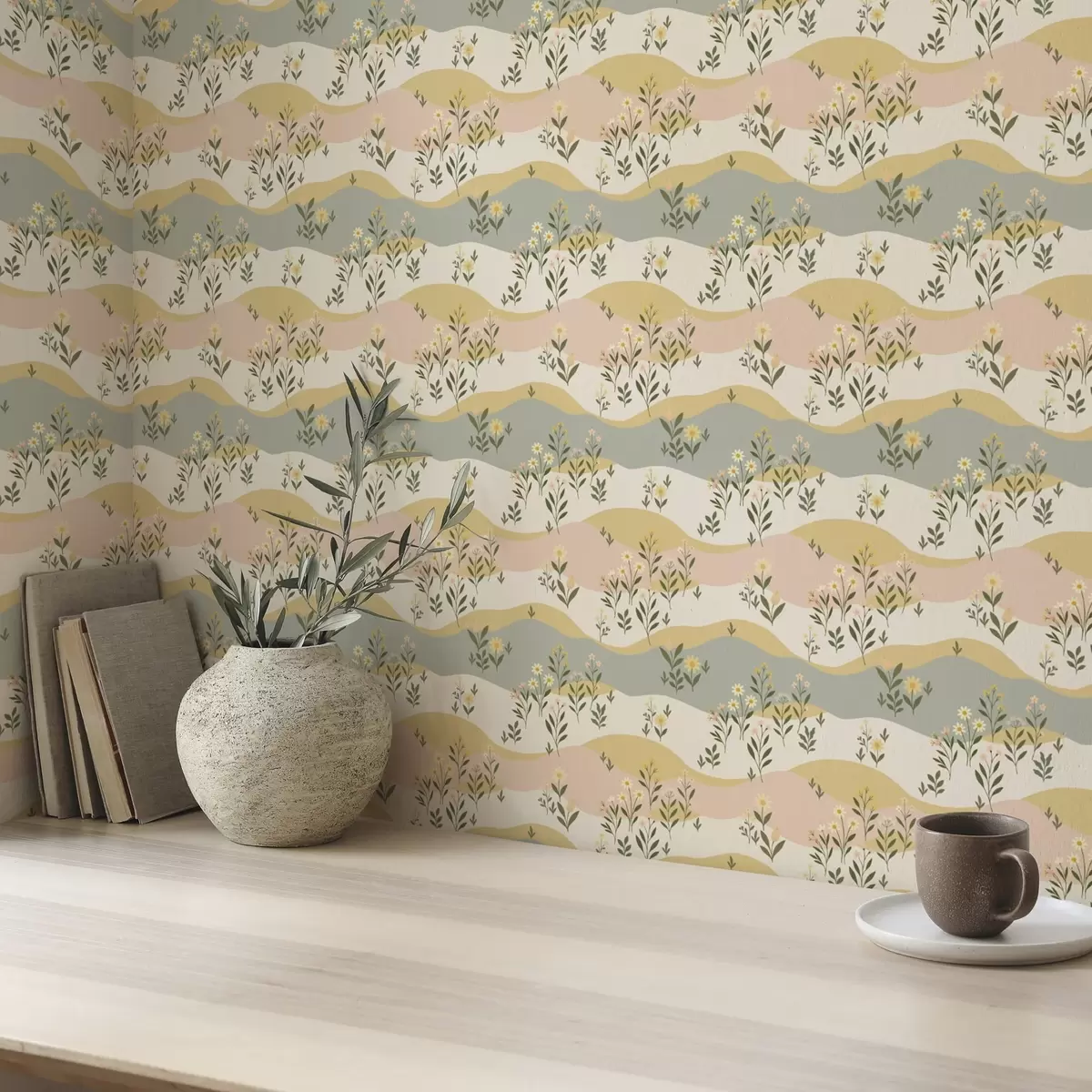 Wallpaper Wavy meadow flowers in pastel minimalist style a00396