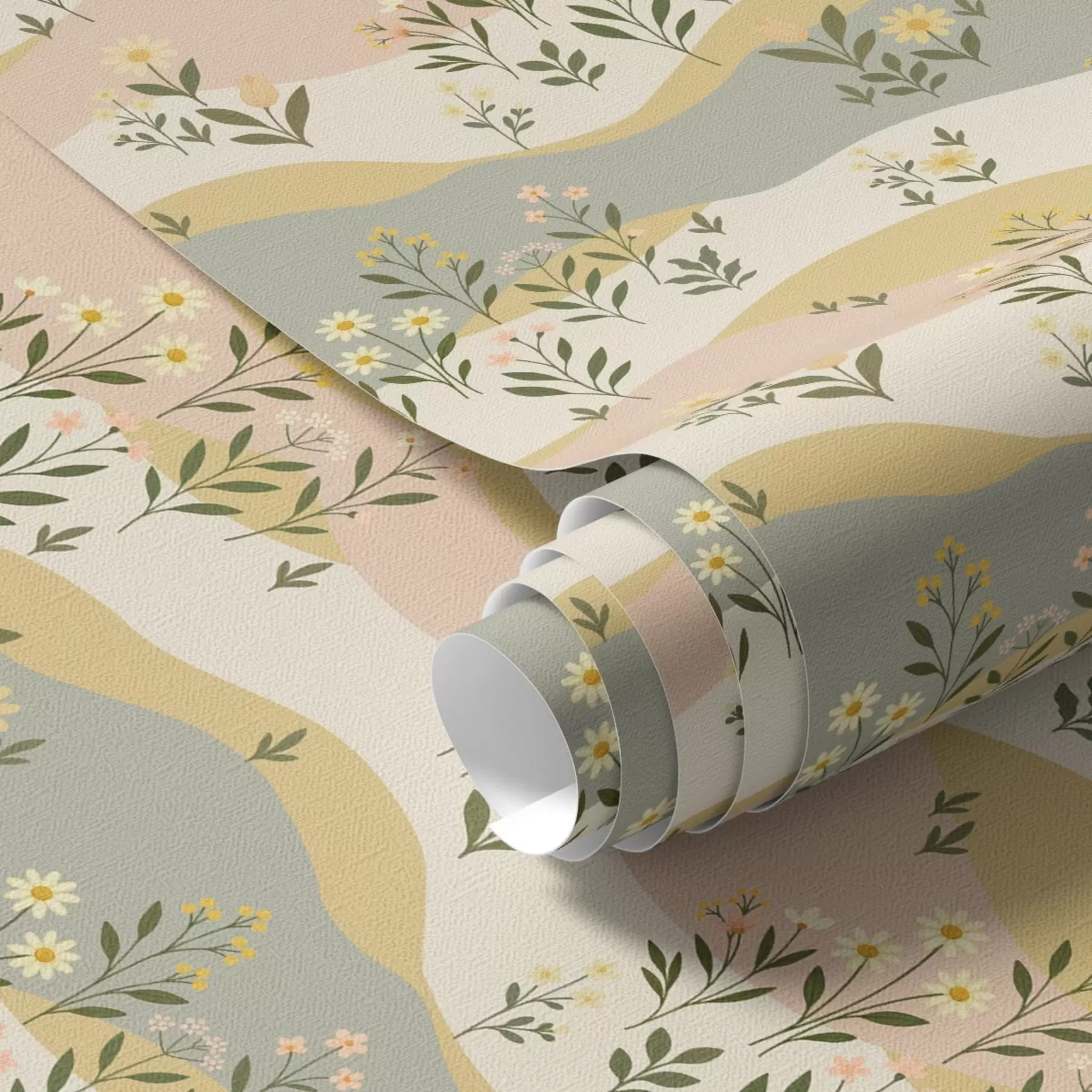 wall murals Wavy meadow flowers in pastel minimalist style a00396