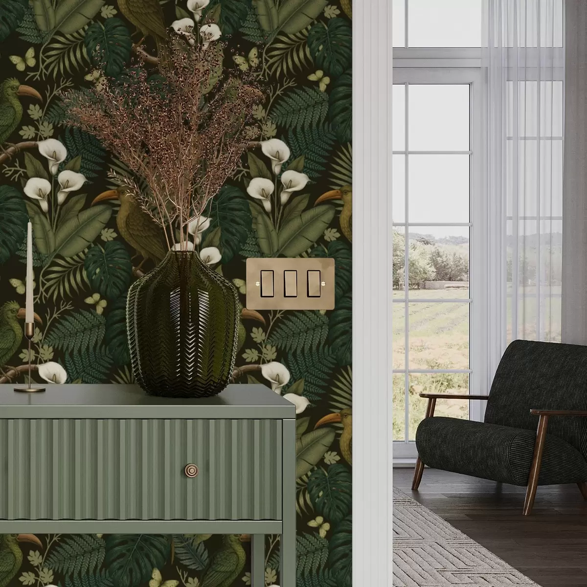 Wallpaper Tropical birds and lush greenery on dark jungle background a00397