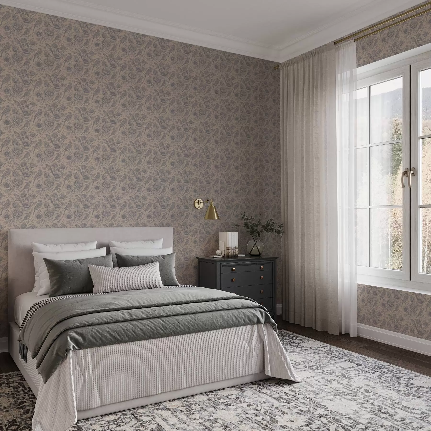 wall murals Vintage birds and flowers on a soft beige background a00423