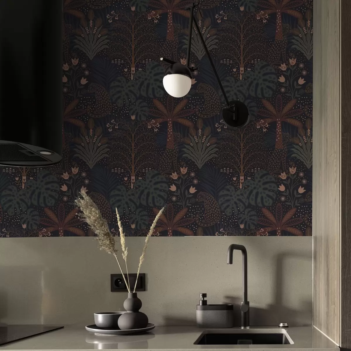 Wallpaper Dark jungle with leopards palm trees and flowers a00424