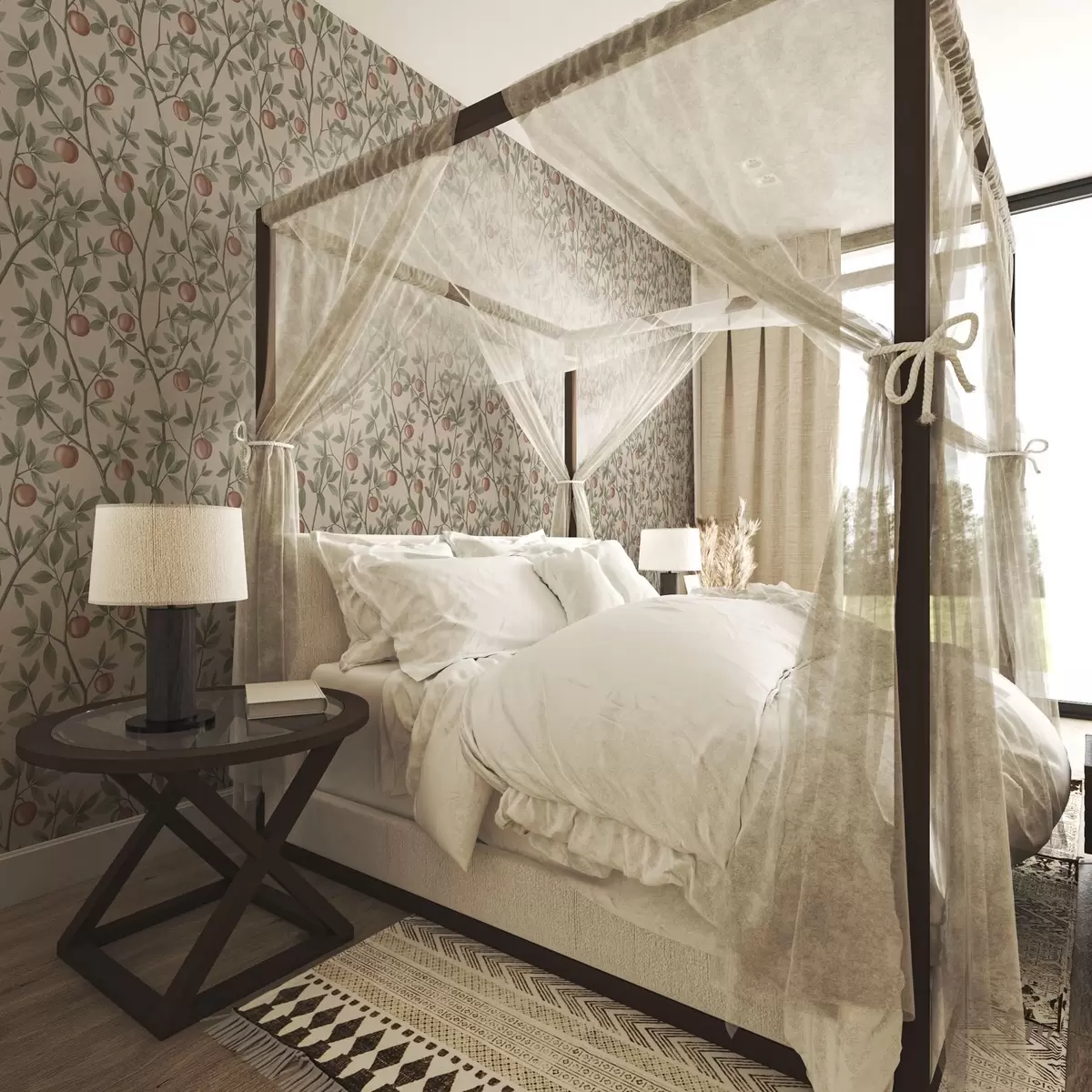 Wallpaper Peaches on branches with green leaves on beige background a00429