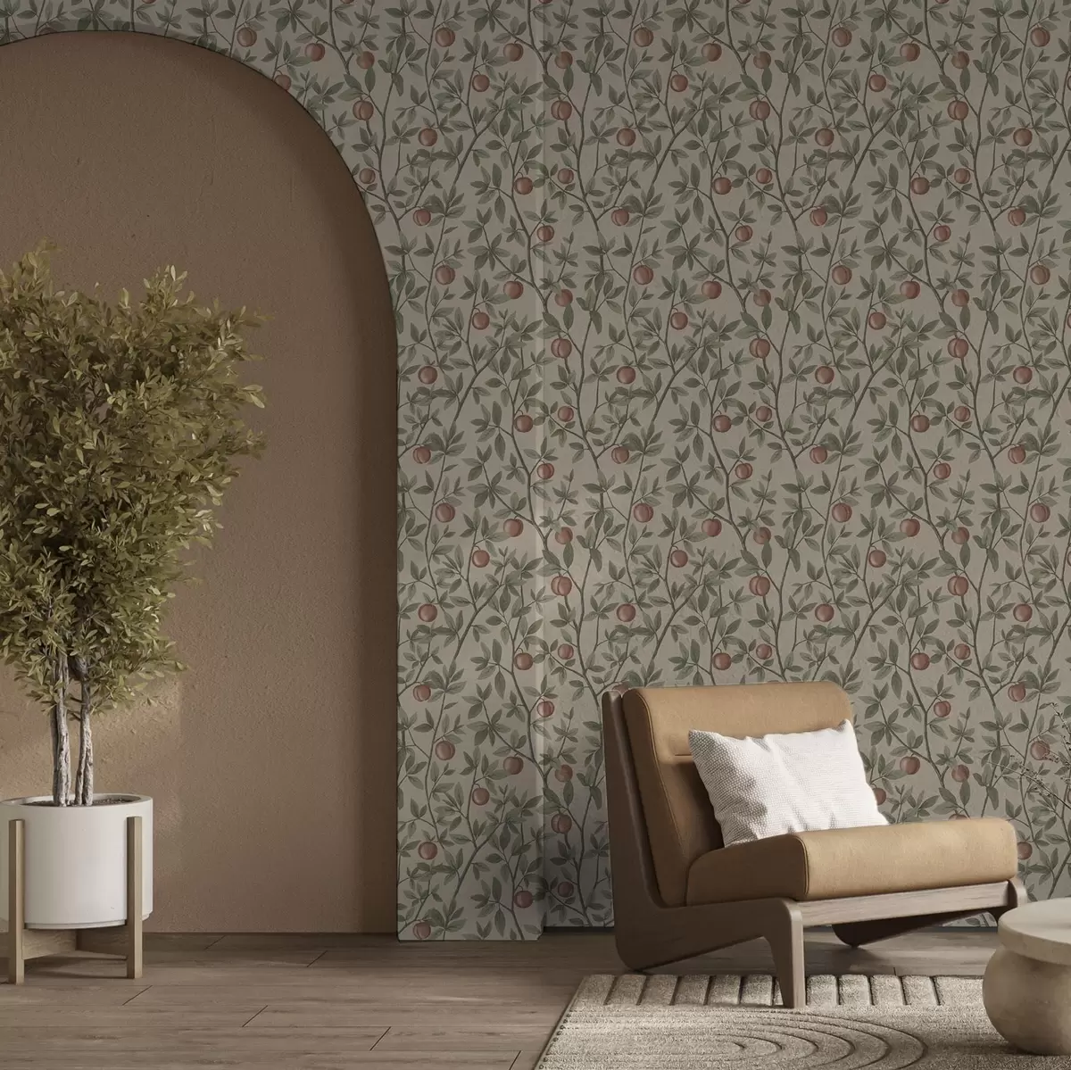 Wallpaper Peaches on branches with green leaves on beige background a00429