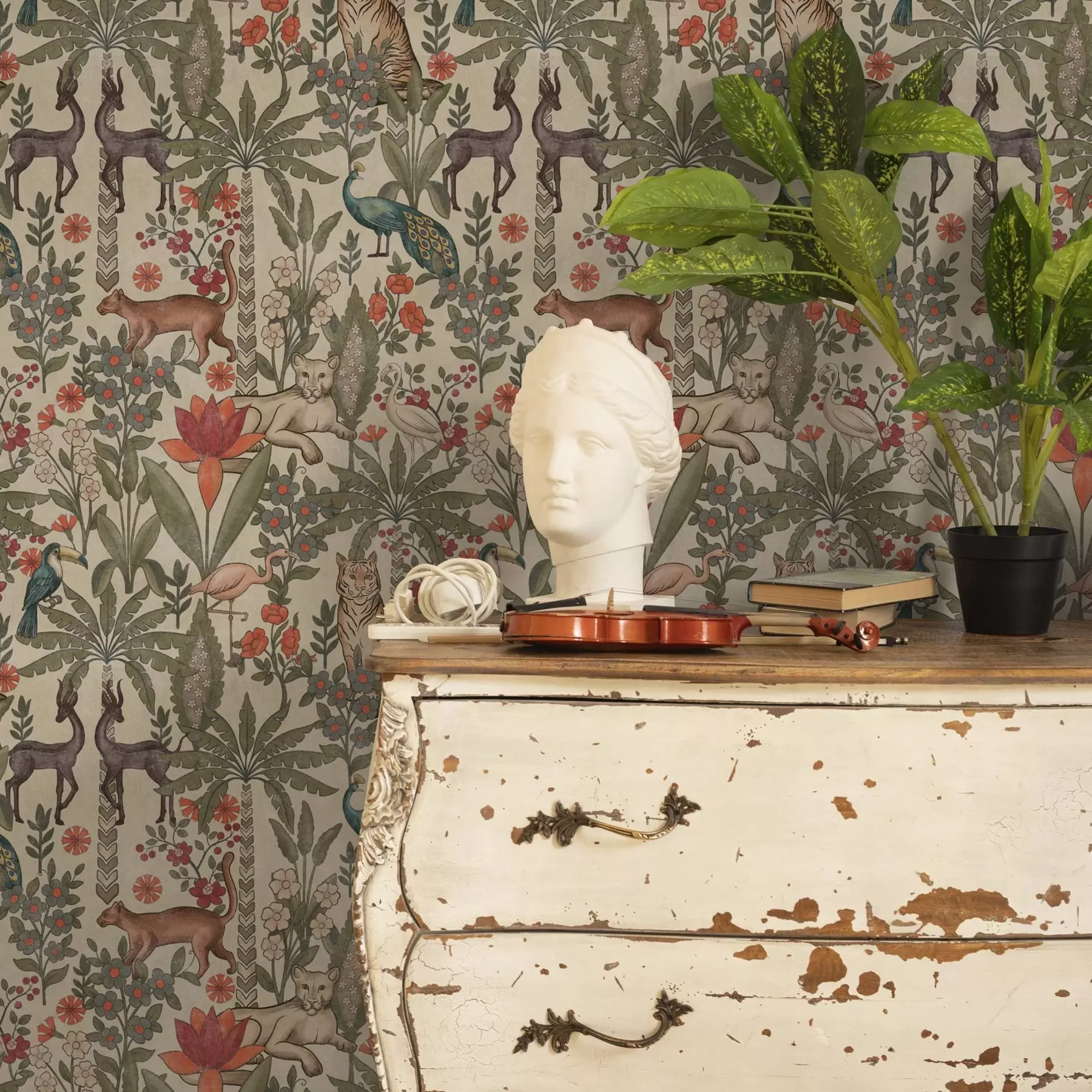 wall murals Retro style: Animals and flowers on a vintage background a00431