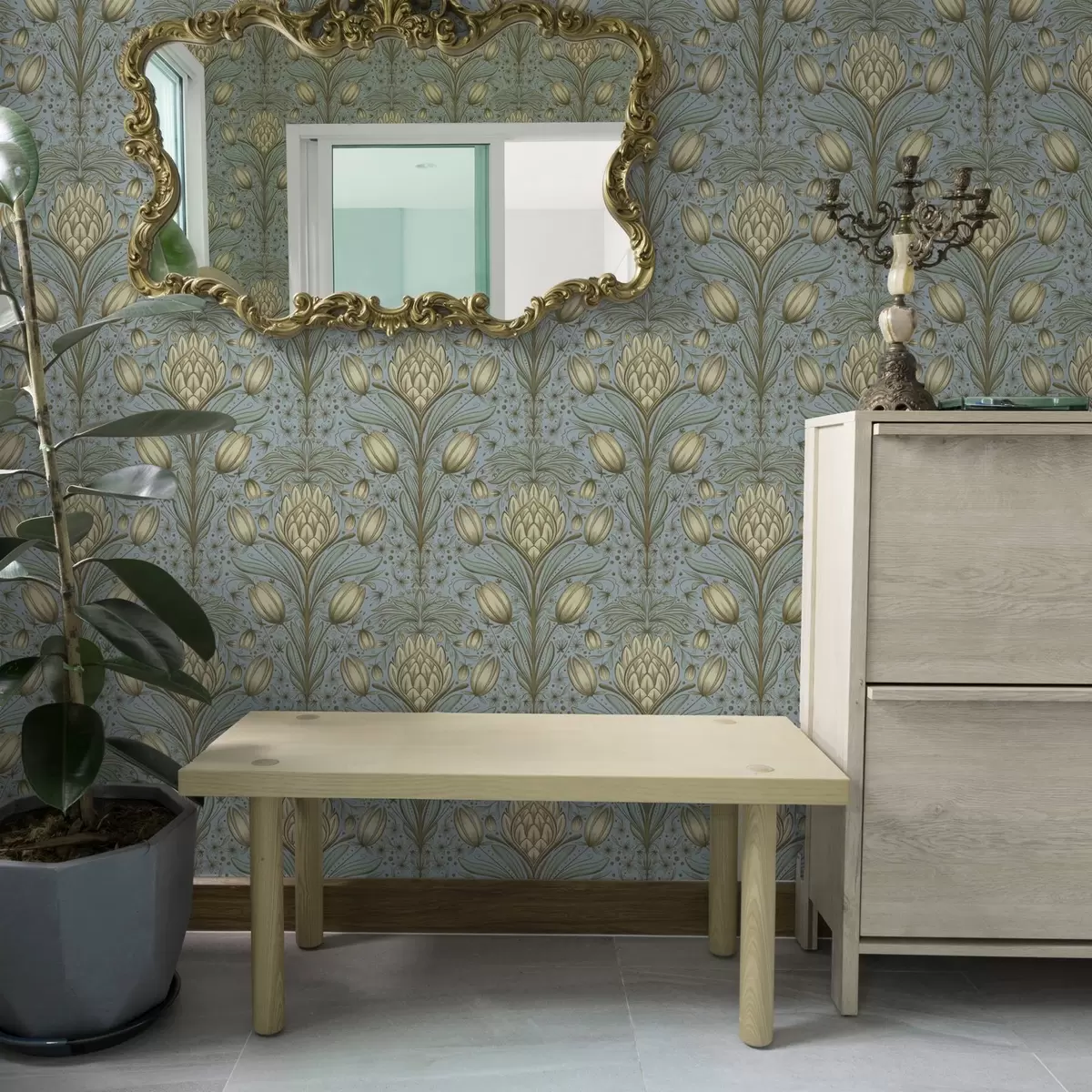 Wallpaper Blue pattern with artichokes and tulips a00435