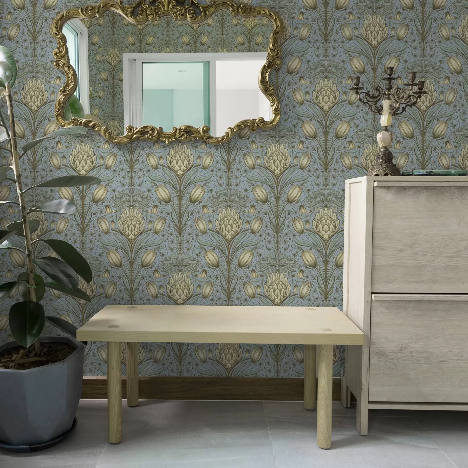 wall murals Blue pattern with artichokes and tulips a00435