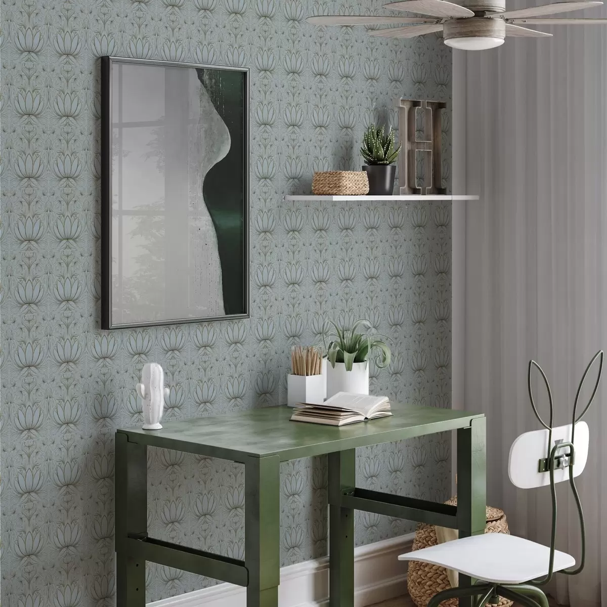 Wallpaper Lotus ornament in turquoise and yellow palette a00439