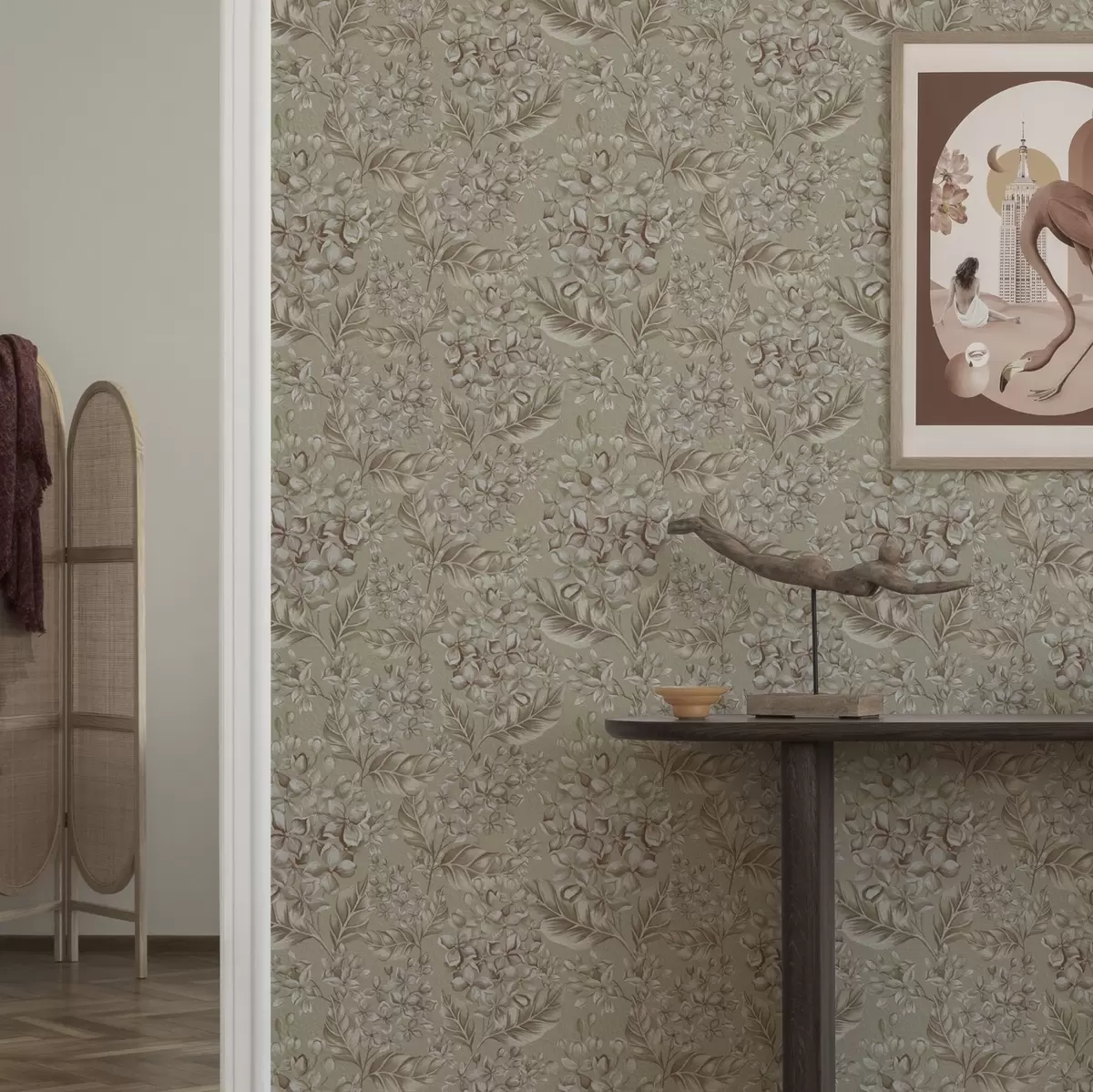 Wallpaper Beige branches with white flowers in warm shades a00441