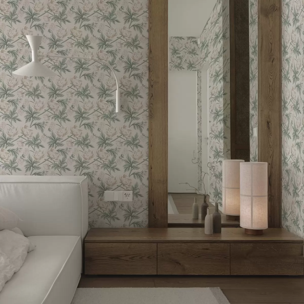 Wallpaper Lush peonies in light beige and green beige and green a00445