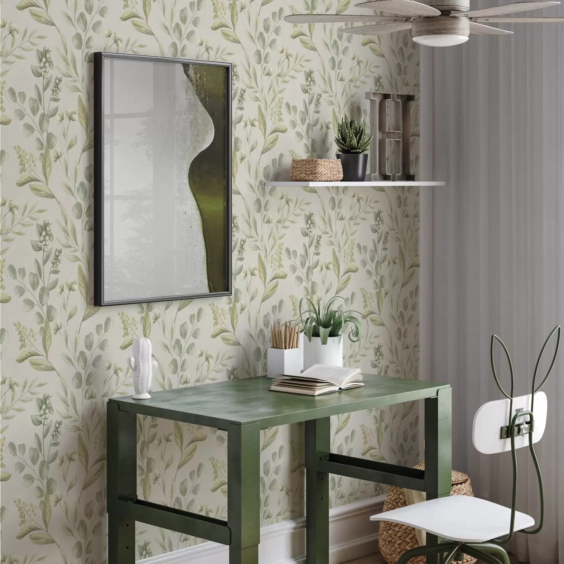 wall murals Pale green eucalyptus in watercolor green eucalyptus in watercolor with botanical pattern a00449