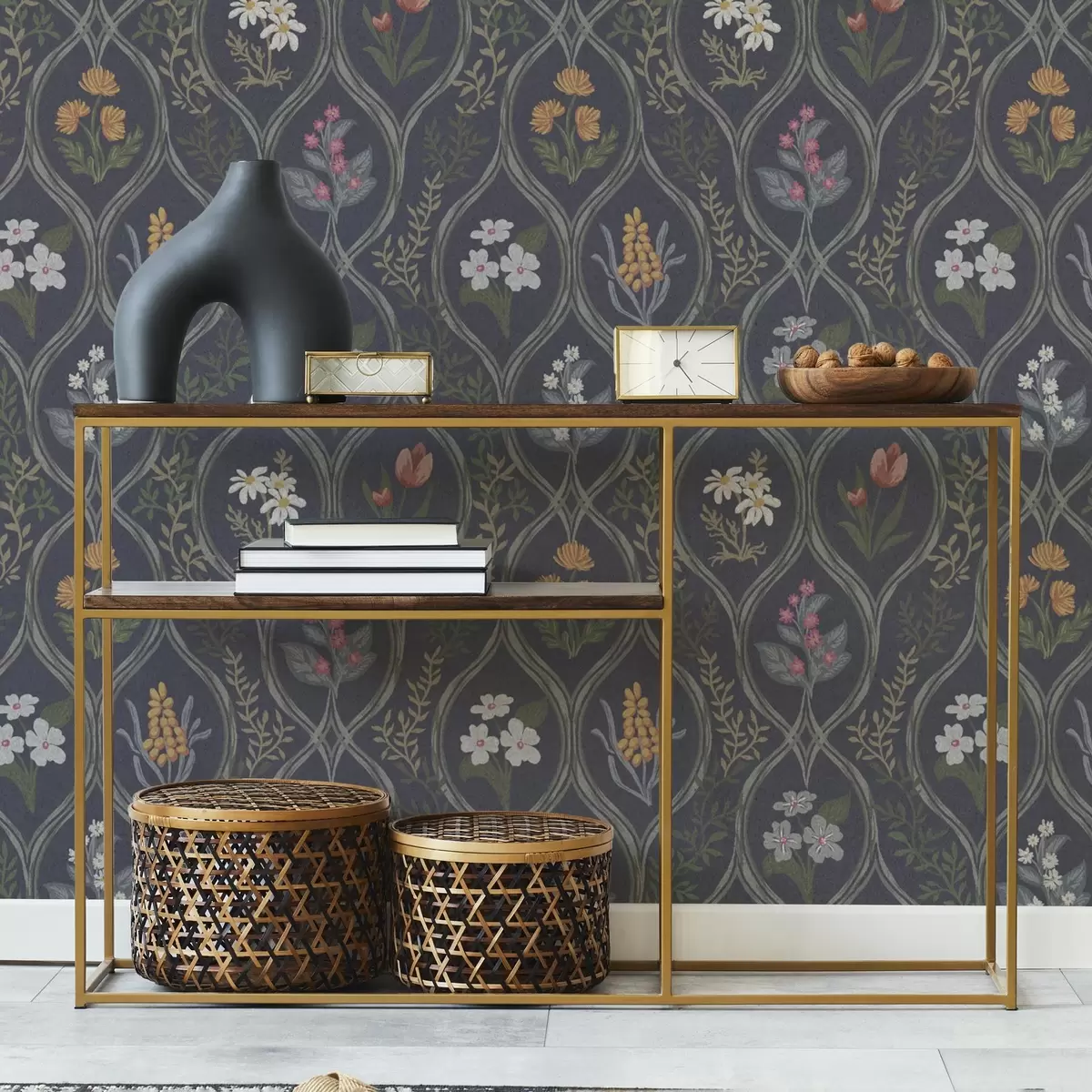 Wallpaper Dark vintage frame with colorful garden flowers a00454