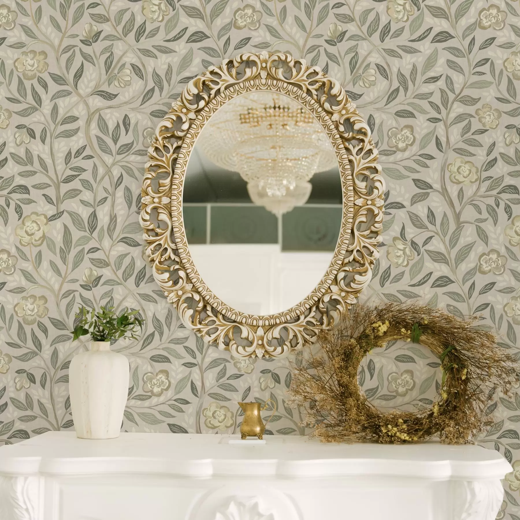 wall murals Cream roses and olive leaves on dusty pink background a00455